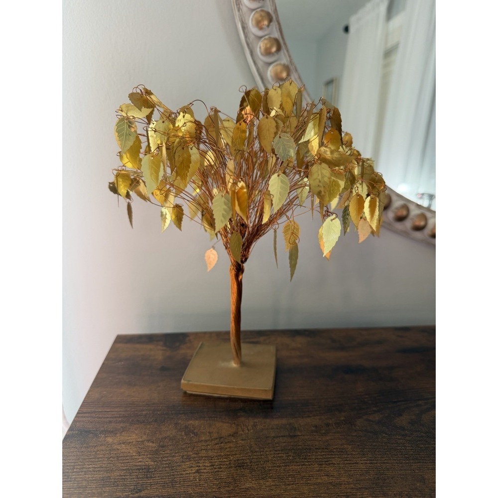 Vintage Dream Tree Copper Wire Bonsai Sculpture Brass Tone Leaves Taiwan MCM